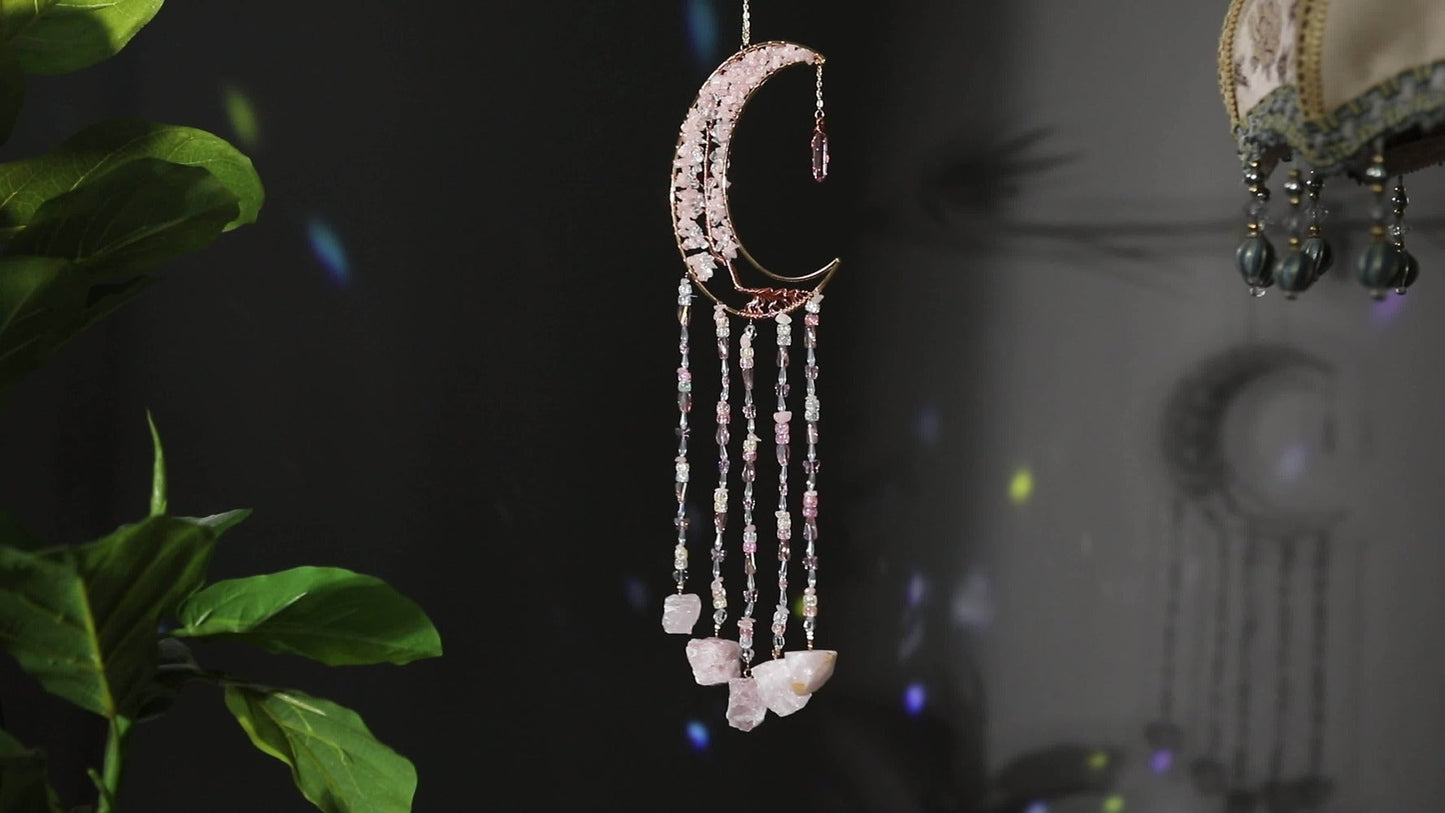 Dreamcatcher Moon Suncatcher Wall Hanging, Handmade Boho Wind Chime Pendant for Indoor Outdoor Garden