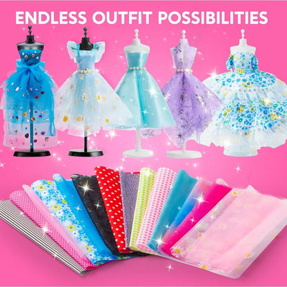 Fashion Design Kit for Girls 400+ Pieces, 3 Mannequins 21 Fabrics Ribbons Trims No-Sew DIY Dress Up Craft Set
