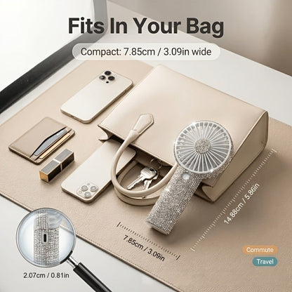 Rhinestone Handheld Fan Mini USB Rechargeable, Crystal Diamond Sparkling Personal Fan 3-Speed for Women and Girls