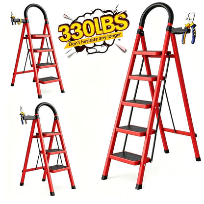 Folding Metal Step Ladder with Handrail, Ribbed Treads and Two-, Three-, Four- or Five-Step Options