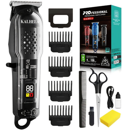 Transparent Electric Hair Clipper with Digital Display, Four Guide Combs, Grooming Tools and Red, Black or Blue Finish