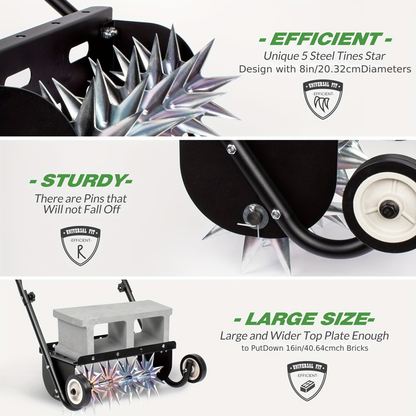 Rolling Lawn Aerator Push Spike 16.5" with 5-Star Steel Tines, Weight Tray & Steel Handle for Deep Soil Aeration