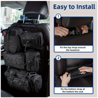 Tactical Car Seat Organizer – MOLLE Nylon Seat Back Storage Bag with 5 Pockets, Front & Rear Seat Protector for Jeep, Truck