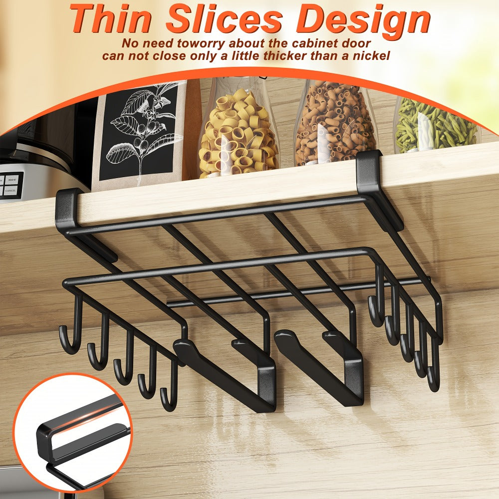 Under Cabinet Organizer Rack with Hooks, Carbon Steel Kitchen Shelf for Utensils, Towels, Cups & Cutting Boards