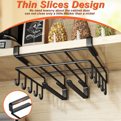 Under Cabinet Organizer Rack with Hooks, Carbon Steel Kitchen Shelf for Utensils, Towels, Cups & Cutting Boards