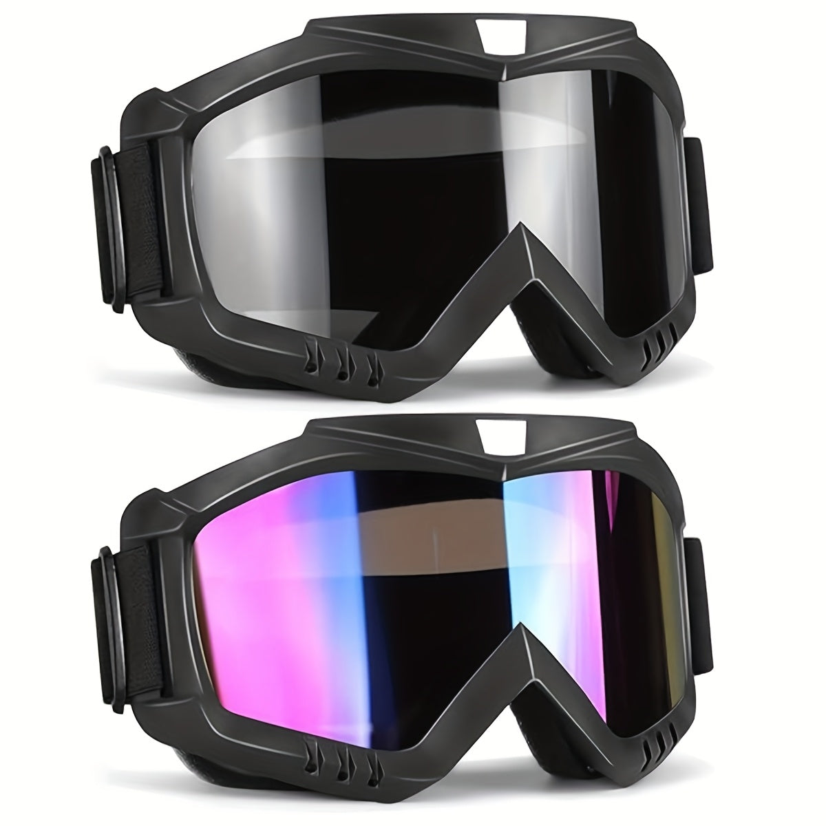Two-Piece Black-Frame Ski Goggle Sets in Three Colorful, Gray and Transparent Lens Pairings