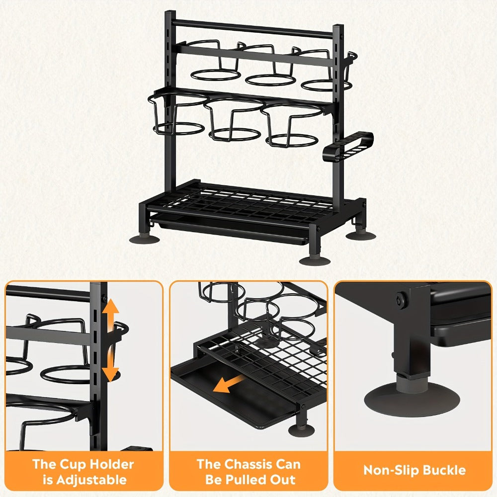 Cup Holder Rack 6-Grid Cast Iron Water Bottle Organizer for Kitchen Cabinet | Adjustable Height Drinkware Storage Rack Holds 40oz Cups Mugs