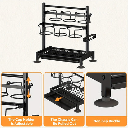 Cup Holder Rack 6-Grid Cast Iron Water Bottle Organizer for Kitchen Cabinet | Adjustable Height Drinkware Storage Rack Holds 40oz Cups Mugs