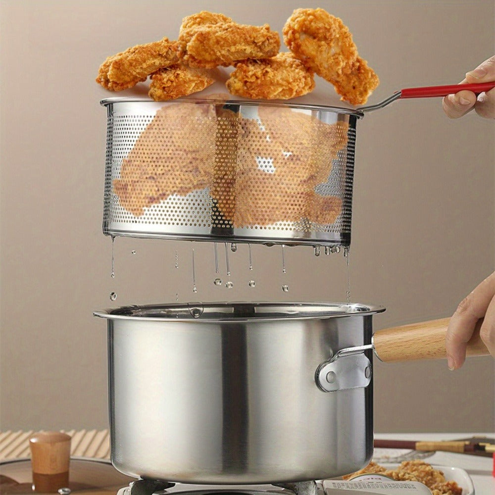 Stainless Steel Deep Fryer Pot Set with Frying Basket & Glass Lid, Non-Stick Multi-Function Cookware for Deep Frying, Noodles
