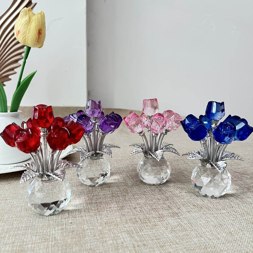Glass Rose Sculpture Floral Home Decor – Sparkling Leaves Art Figurine for Bedroom, Living Room, Valentine's Day Gift