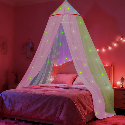 Bed Canopy for Girls Princess Rainbow Glow in the Dark Stars Colorful Canopy Curtain Fits for Entryways, Bedrooms and Living Spaces