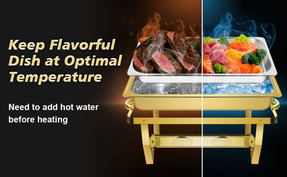 Chafing Dish Buffet Set 8QT Gold - Stainless Steel Food Warmer with Lid Foldable Stand for Entryways, Bedrooms and Living Spaces