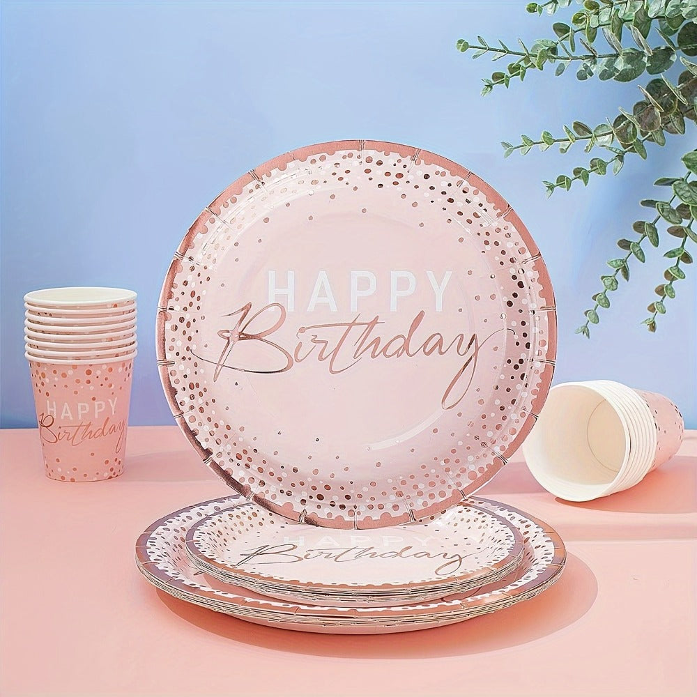 Birthday Party Plates and Napkins Set 175pcs Pink Rose Gold Disposable Tableware Forks Knives for Entryways, Bedrooms and Living Spaces