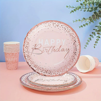 Birthday Party Plates and Napkins Set 175pcs Pink Rose Gold Disposable Tableware Forks Knives for Entryways, Bedrooms and Living Spaces