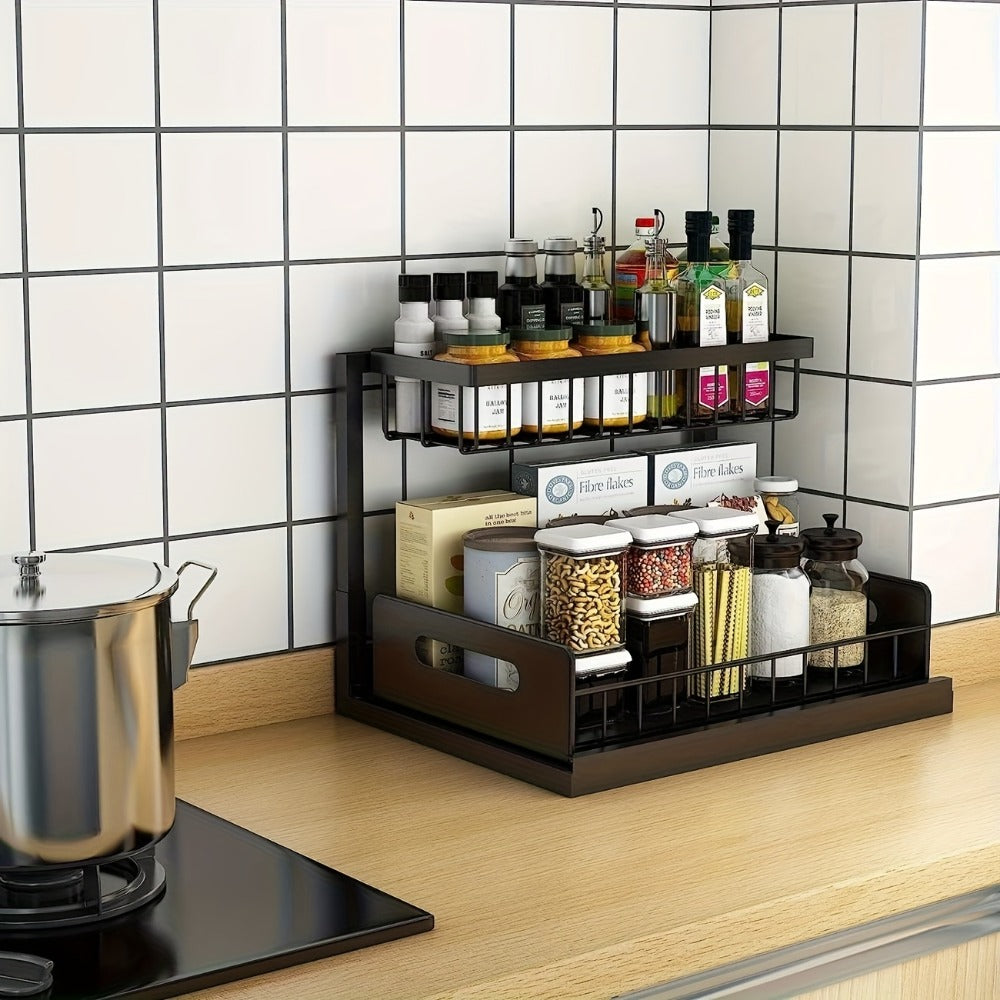 L-Shaped Pull-Out Cabinet Organizer with 14.4 x 10.6 x 11 Inch Frame, 7 Inch Pipe Clearance and 1- or 2-Piece Options