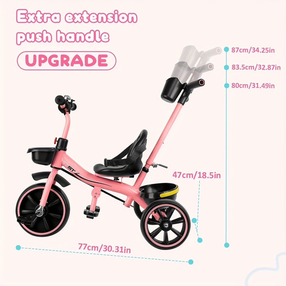 Push Handle Tricycle for Toddlers Girls Pink, 3 Wheel Trike Ages 18-60 Months with Padded Backrest