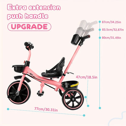 Push Handle Tricycle for Toddlers Girls Pink, 3 Wheel Trike Ages 18-60 Months with Padded Backrest