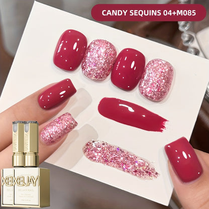 Gel Nail Polish Set with XEIJAYI Label, 2 Candy Holographic and Nude Pink Glitter Gel Colors