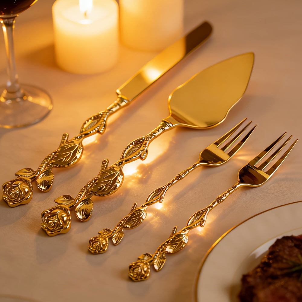 Cake Knife and Spatula Set with Rose Handle, Silver-Plated Dessert Server Gift Box Set for Wedding