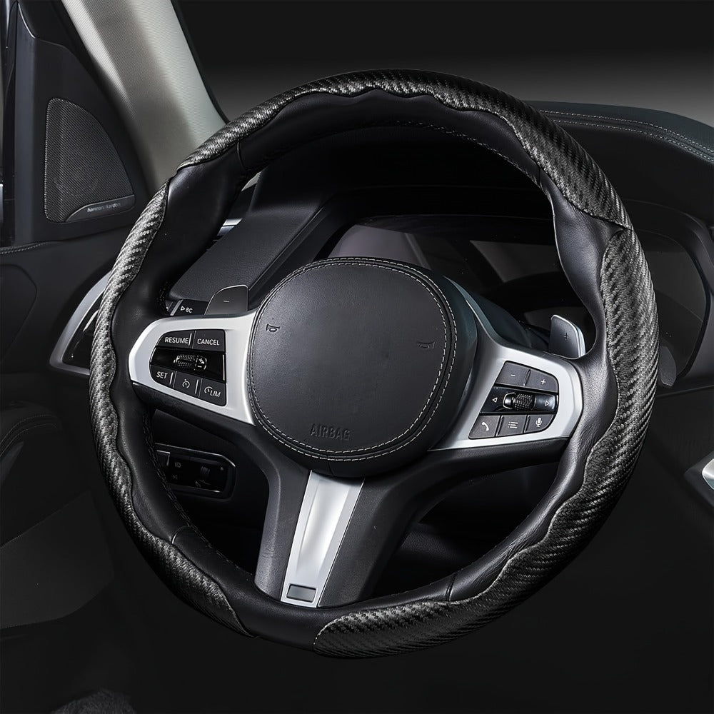 Carbon Fiber Steering Wheel Cover 3pcs – Anti-Skid Segmented Snap-On Protector, High-Grip ABS Resin, Universal Fit, Wood Grain Yellow