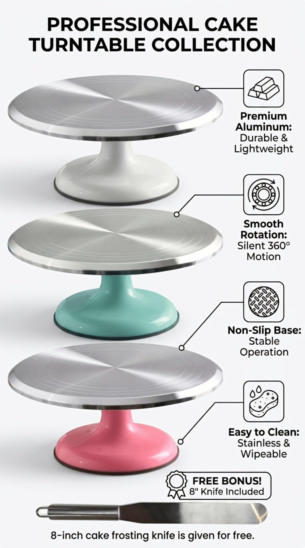 9.84-Inch Rotating Cake Turntable with Frosting Spatula and Pink, Sky Blue or White Base for Decorating