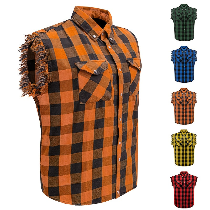 Men's Plaid Sleeveless Shirt with Fringe Hem, Checkered Cotton Button-Up Vest Top, Crew Neck Regular Fit for Streetwear Beach Vacation
