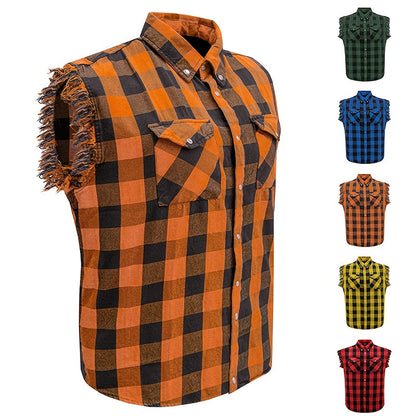 Men's Plaid Sleeveless Shirt with Fringe Hem, Checkered Cotton Button-Up Vest Top, Crew Neck Regular Fit for Streetwear Beach Vacation