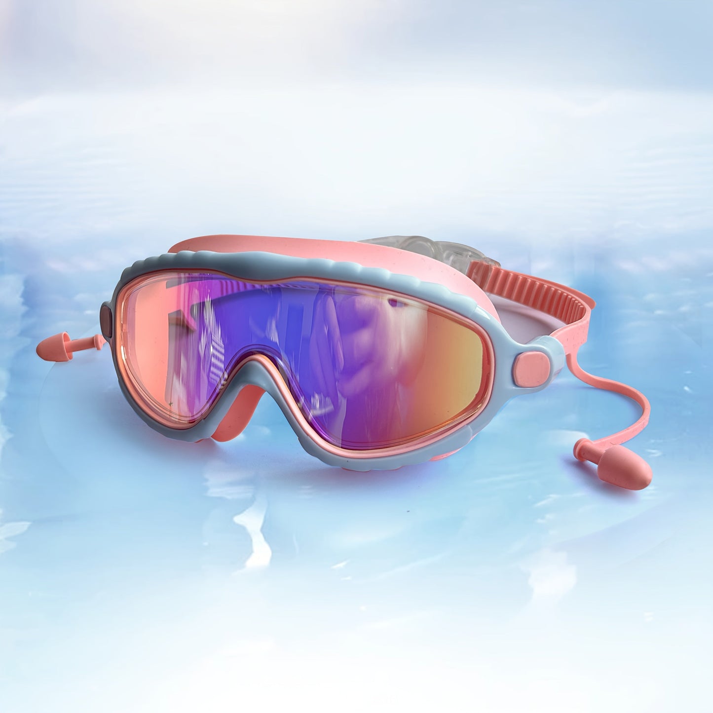 Kids Wide-Lens Swim Goggles with Attached Earplugs, Adjustable Strap and Blue or Pink Frame