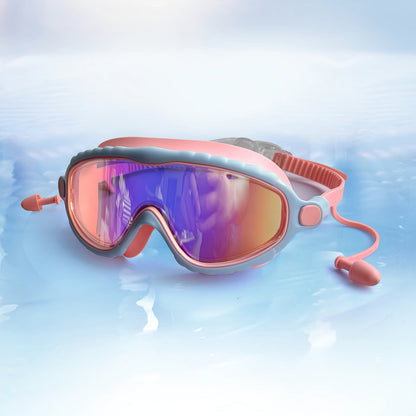 Kids Wide-Lens Swim Goggles with Attached Earplugs, Adjustable Strap and Blue or Pink Frame
