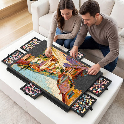 Roll-Up Puzzle Mat Board Extra Large – Foldaway Felt Mat for 1000 & 1500 Piece Jigsaw Puzzles, 6 Sorting Drawers