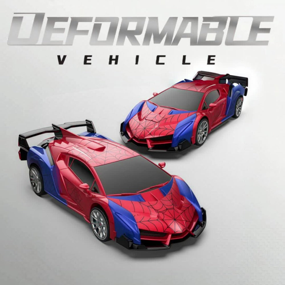 Spider Robot RC Car for Kids 1:18 with LED Lights, One-Button Transform Police Car Stunt Toy