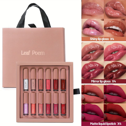 12-Piece Velvet Matte Lipstick Set Mirror Finish Waterproof High Pigment, for Makeup, Travel and Everyday Vanity Use