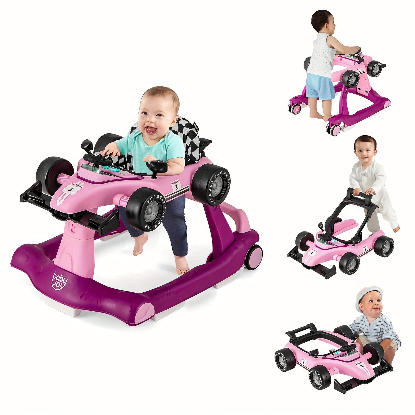 4-in-1 Foldable Baby Walker with Activity Toy Tray & Adjustable Height, Sit-to-Stand Push Walker for Infants & Toddlers