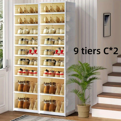 Shoe Rack Organizer 9-Tier, Collapsible Clear Plastic Foldable Stackable Shoe Cabinet with Shelves & Doors