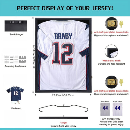 Jersey Display Case Shadow Box – Lockable UV Protection Frame for Baseball Basketball Football Soccer Hockey Sport Shirt, Matte Black