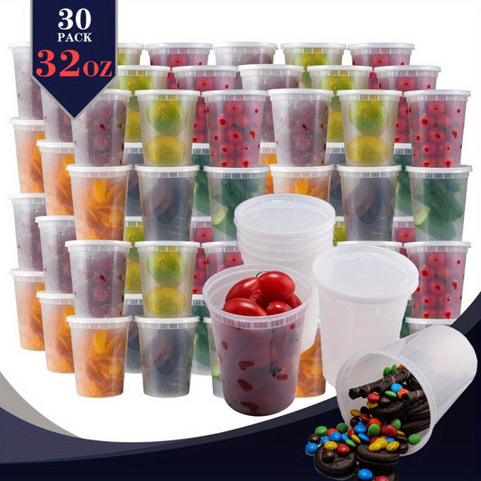 Food Storage Container 30-Count Deli Cup Set with 32oz Capacity, Matching Lids and Microwave-Freezer Use