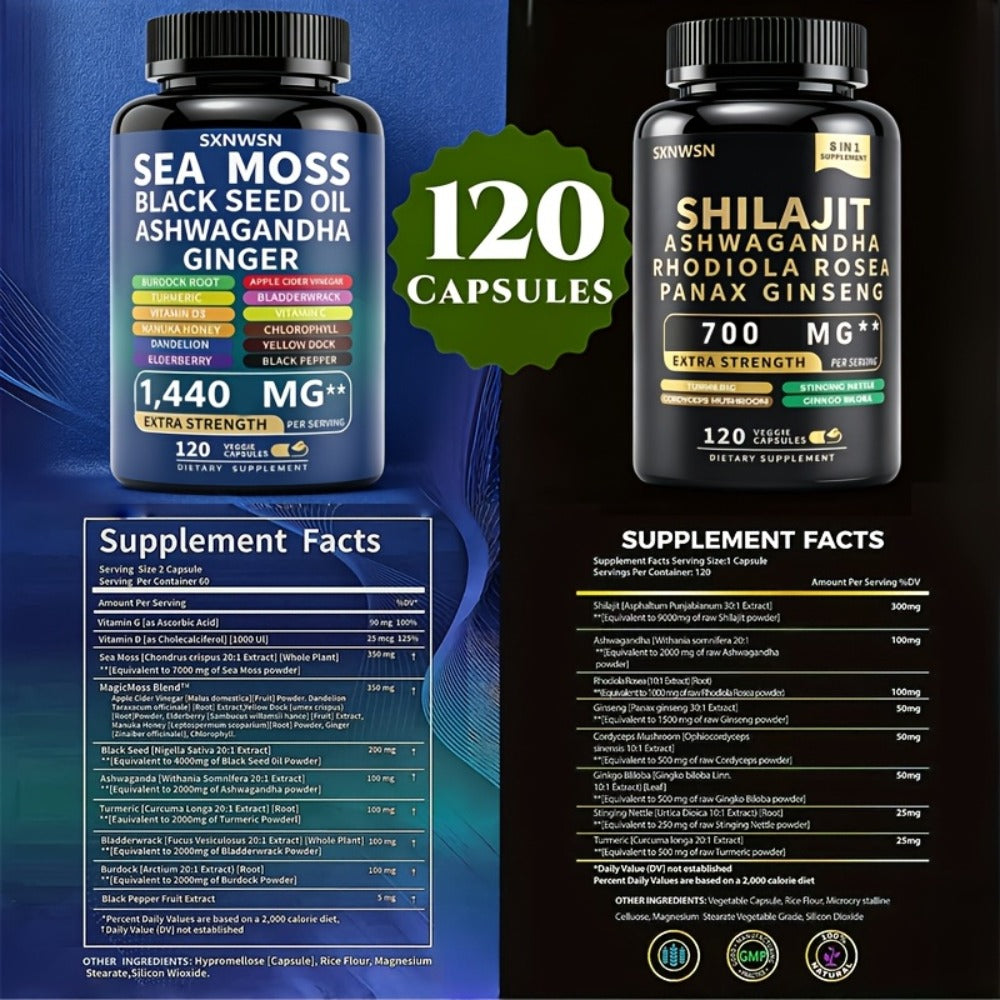 Adaptogen Energy Supplement with Sea Moss & Shilajit, 7-in-1 Formula with Black Seed Oil, Ashwagandha