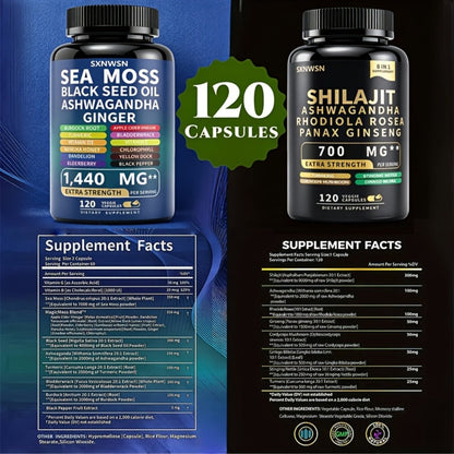 Adaptogen Energy Supplement with Sea Moss & Shilajit, 7-in-1 Formula with Black Seed Oil, Ashwagandha