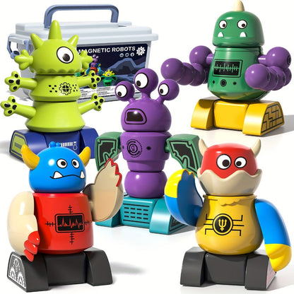 Magnetic Robot Building Toy for Kids Ages 3-5, 33-Piece STEM Stacking Playset with Storage Box, Rocket Robot & Monster Styles