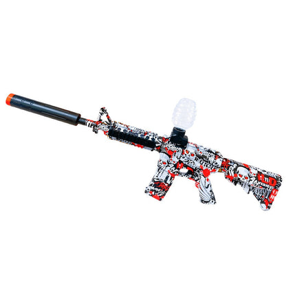 Red-White-and-Black Rifle-Style Electric Gel Blaster Set with Hopper, Stock, Barrel, Goggles and USB Cable