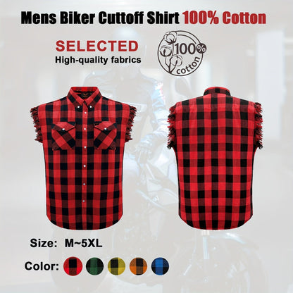 Men's Plaid Sleeveless Shirt with Fringe Hem, Checkered Cotton Button-Up Vest Top, Crew Neck Regular Fit for Streetwear Beach Vacation