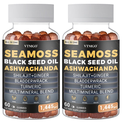 Sea Moss Gummies 1445mg with Shilajit Black Seed Oil Ashwagandha Elderberry Chlorophyll Turmeric Bladderwrack Ginger