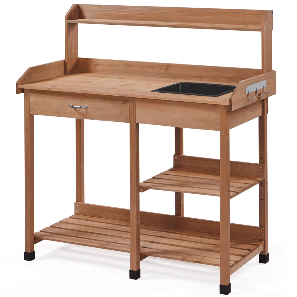 Garden Potting Table 4-Tier with Removable Sink, Adjustable Shelf, Drawer & Side Hooks, Outdoor Planter Stand for Yard Greenhouse in Wood