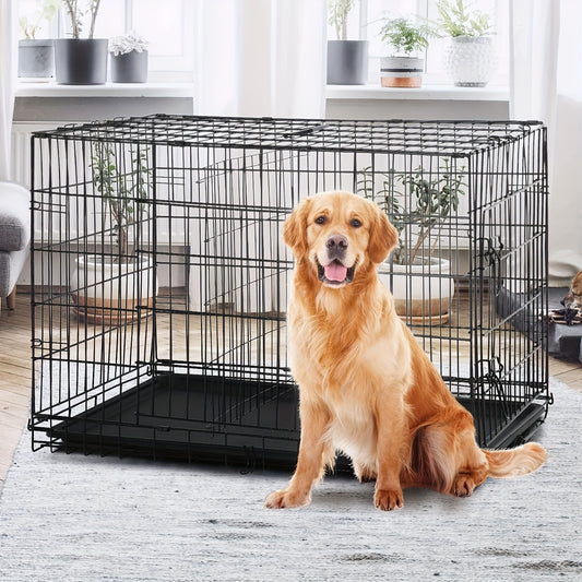 Dog Crate Double Door Folding Metal Cage with Divider & Leak-Proof Tray – 42 & 48 Inch Wire Kennel for Puppies, Medium & Large Dogs