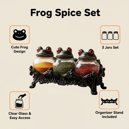 Gothic Witch Frog Spice Jars Set of 3 with Engraved Bases & Spoon, Vintage Pharmacist Jars with Frog Lids for Dark Kitchen Decor