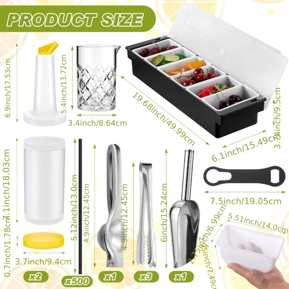 28-Piece Bartender Tool Set with Cocktail Shaker, Three-Tier Glass Rimmer, Garnish Tray and Organizers
