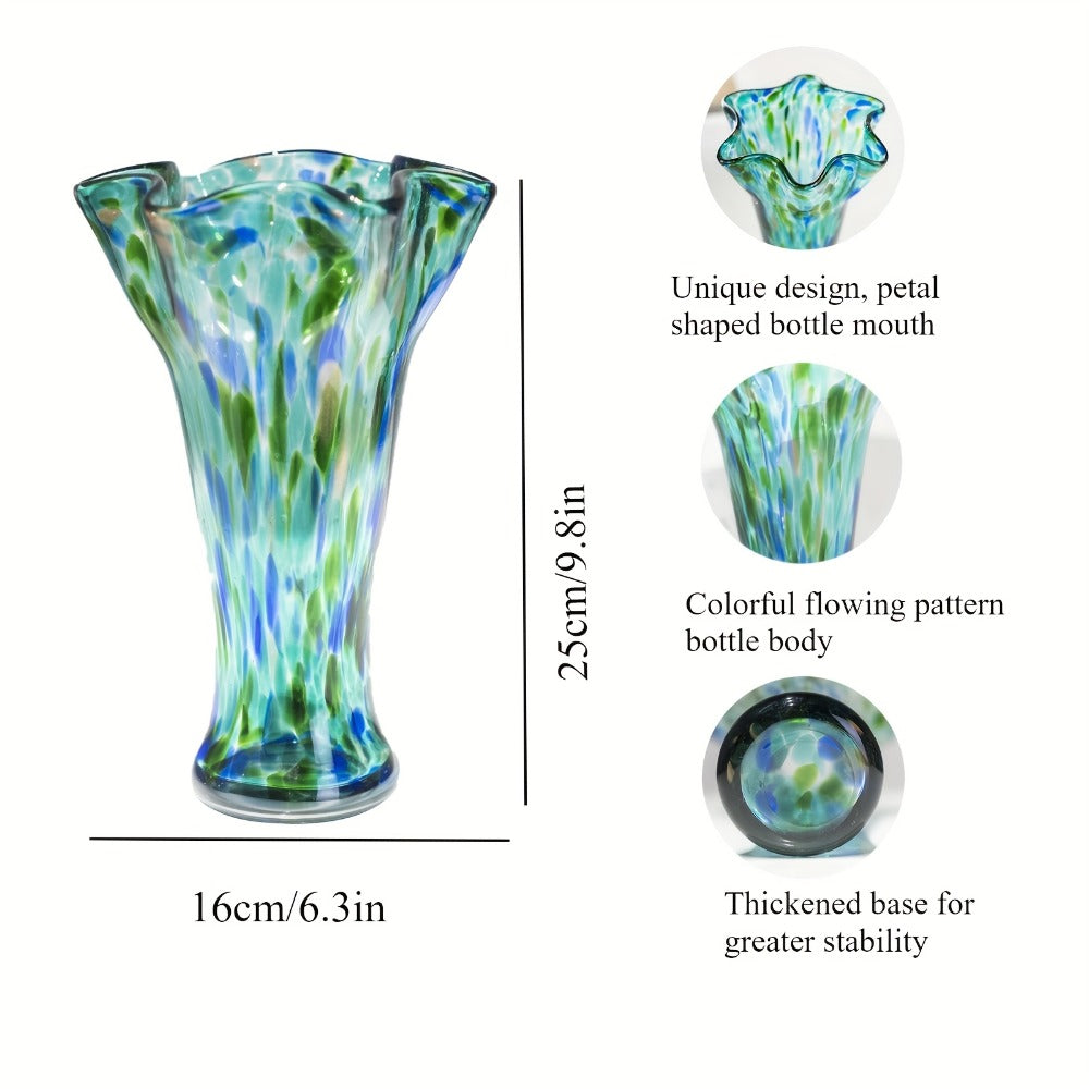 Hand Blown Glass Vase Colorful Wide Mouth, Teal Green Art Glass Flower Vase for Fresh Flowers & Spring Arrangements