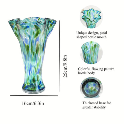 Hand Blown Glass Vase Colorful Wide Mouth, Teal Green Art Glass Flower Vase for Fresh Flowers & Spring Arrangements