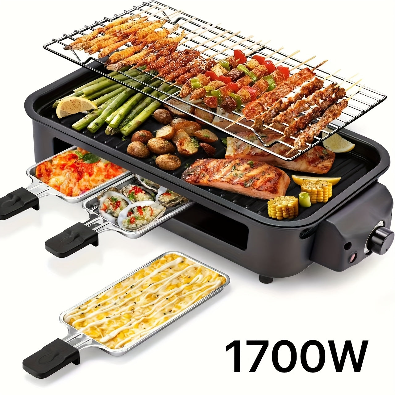 Indoor Electric Smokeless Grill 1700W with Raclette Pans, Non-Stick Plate, Portable Tabletop BBQ Griddle for Couples