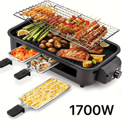 Indoor Electric Smokeless Grill 1700W with Raclette Pans, Non-Stick Plate, Portable Tabletop BBQ Griddle for Couples